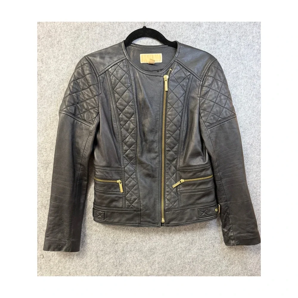 Michael Kors Womens Black Quilted Leather Moto Jacket Gold‎ Hardware Size S